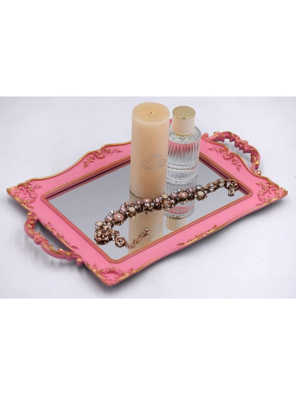 Vintage Pink Framed Square Mirror Tray - Jewelry & Cosmetics Organizer - Picture 3 of 5